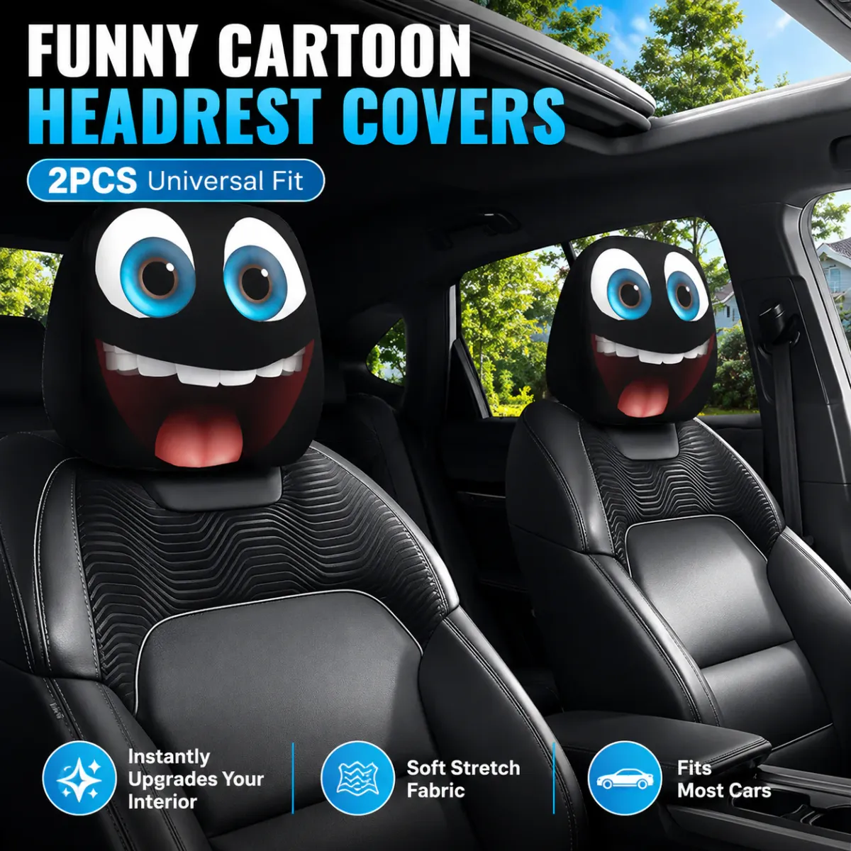 Cartoon Eyes headrest covers with big goofy grins