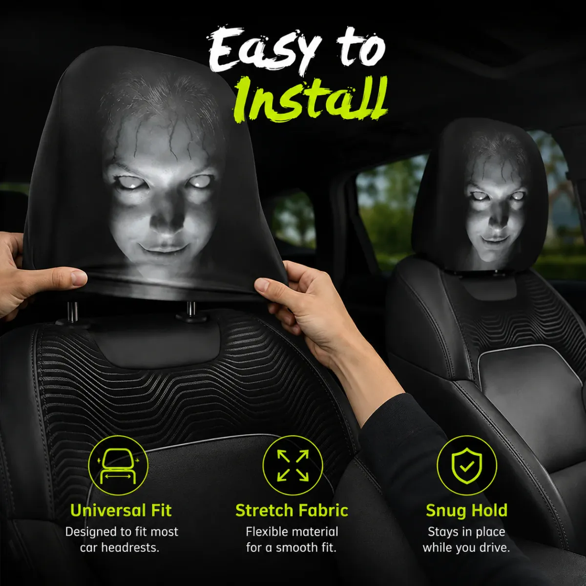Hands pulling a cover over a headrest